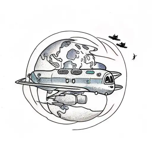 planet earth with planes and trains tattoo design idea
