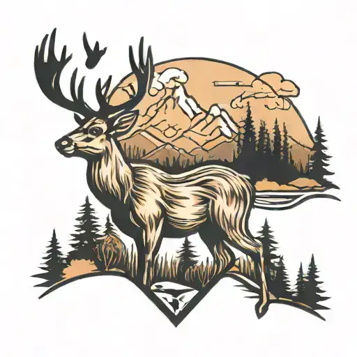 deer with trees and mountains across tattoo design idea