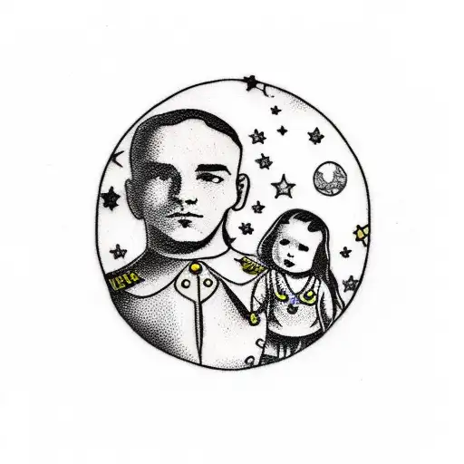 A traditional style tattoo of a big brother and little sister holding hands, with a beautiful moon and stars in the background tattoo design idea