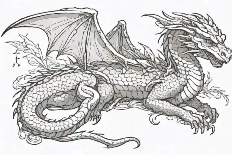 a big sleeping dragon with a small fairy hovering over it tattoo design idea