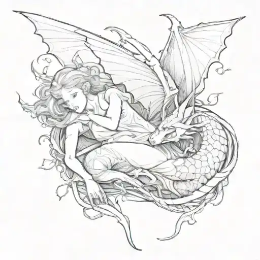 a small fairy flying over a laying down sleeping dragon  tattoo design idea