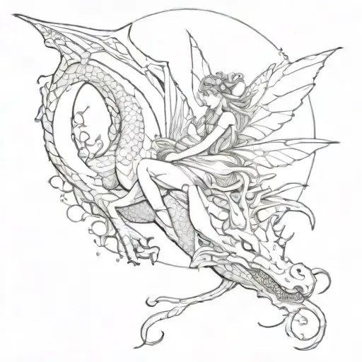 a fairy flying over a sleeping dragon tattoo design idea