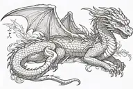 a big sleeping dragon with a small fairy hovering over it tattoo design idea