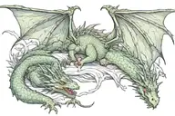 a big sleeping dragon with a small fairy hovering over it tattoo design idea