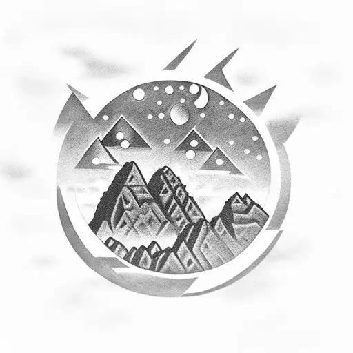Machu Pichu beneath a full moon with small circle patterns and clouds in Peru tattoo design idea