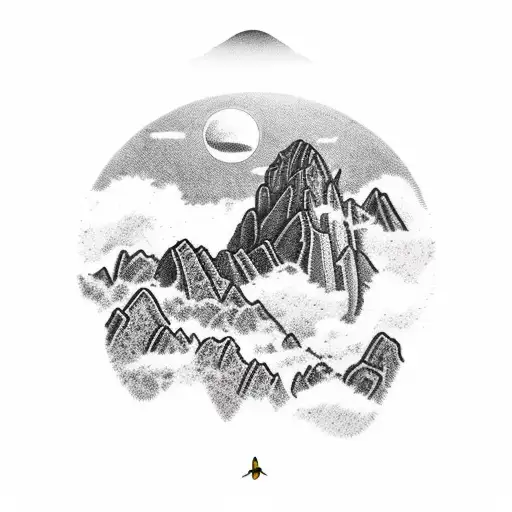 The steppes of Machu Pichu beneath a brigth sun with small birds and clouds in the background tattoo design idea