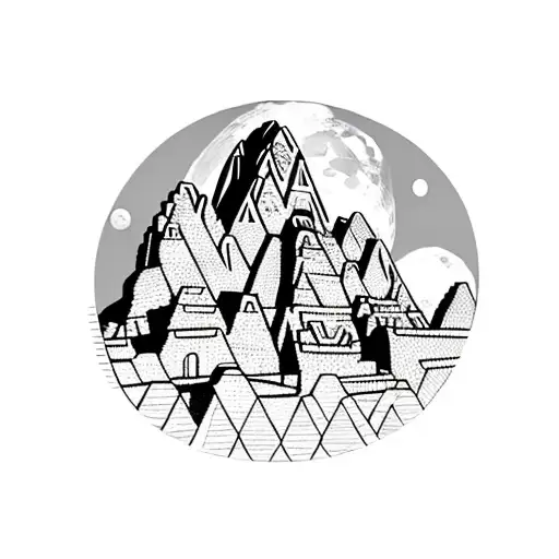 Machu Picchu underneath the moon in front of a geometric circle background narrow shot tattoo design idea