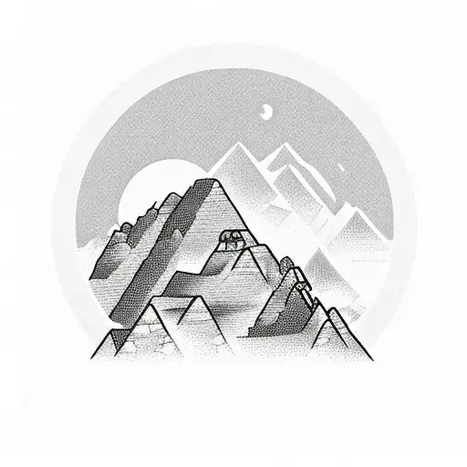 Machu Pichu beneath a full moon with small rectangle patterns and clouds in Peru tattoo design idea