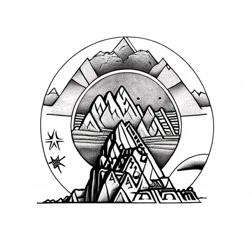 Realistic 15th Century Machu Picchu showing thorugh clouds under moon circle  with symbols pattern background tattoo design idea