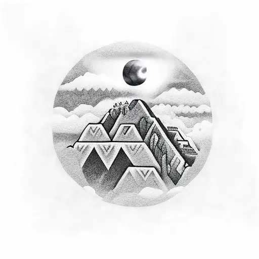 Machu Pichu beneath a full moon with small circle geometric patterns and clouds with lights from buildings tattoo design idea