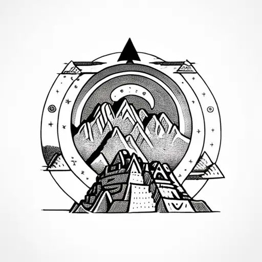 15th Century Machu Picchu showing thorugh clouds under moon circle  with symbols diamond pattern background tattoo design idea