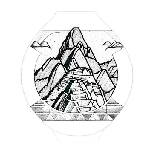 15th Century Machu Picchu under a large full moon geometric circular patterns  tattoo design idea