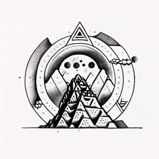 15th Century Machu Picchu showing thorugh clouds under moon circle  with symbols diamond pattern background tattoo design idea