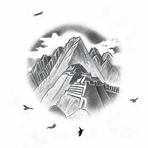 Machu Pichu beneath a brigth sun with small birds and clouds in the background tattoo design idea
