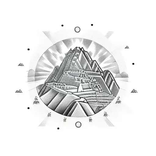 Machu Pichu beneath a bright sun with small circle patterns and clouds in the background tattoo design idea