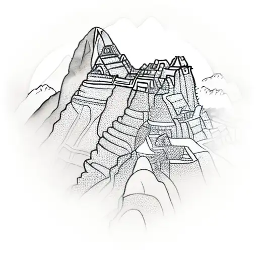 15th Century Machu Picchu as a busy town showing through the clouds in the moonlight circular pattern tattoo design idea