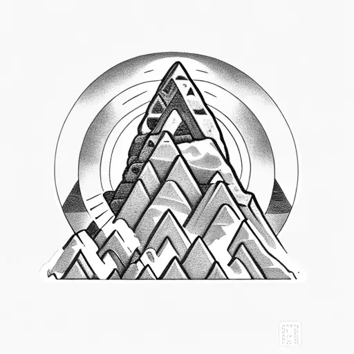 Machu Picchu ruins showing thorugh clouds under moon circle  with symbols pattern background tattoo design idea