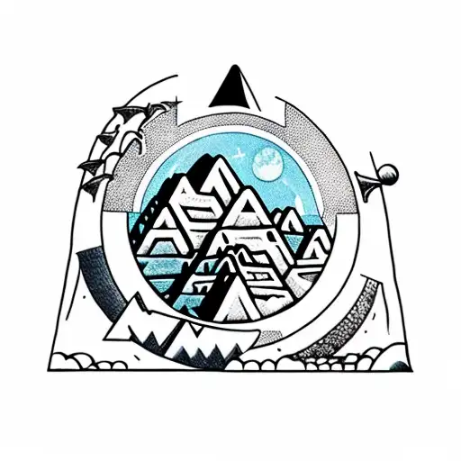 15th Century Machu Picchu showing thorugh clouds under moon circle  with symbols pattern background tattoo design idea