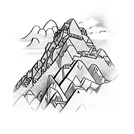 15th Century Machu Picchu as a busy town showing through the clouds in the moonlight geometric circular pattern  tattoo design idea