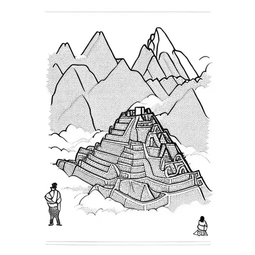 15th centuray Machu Picchu in Peru villagers wide shot tattoo design idea