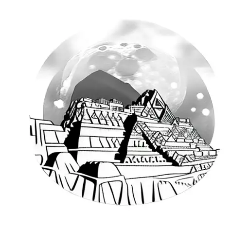 Machu Picchu underneath the moon in front of a geometric circle background tattoo design idea