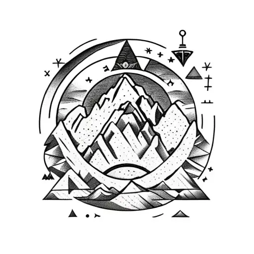 15th Century Machu Picchu showing thorugh clouds under moon circle  with symbols pattern background tattoo design idea