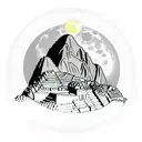 Machu Picchu underneath the moon in front of a geometric circle background narrow shot tattoo design idea