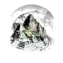 Machu Picchu underneath the moon in front of a geometric circle background narrow shot tattoo design idea