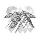 Machu Pichu beneath a full moon with small circle geometric patterns and clouds with lights from buildings tattoo design idea