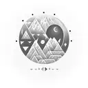 Machu Pichu beneath a full moon with small circle geometric patterns and clouds with lights from buildings tattoo design idea