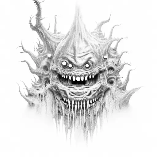 Horror monsters, deformed faces, teeth, eyes, ooze, slime, saliva, spikes, growths, horror, gore, Lovecraft monsters tattoo design idea