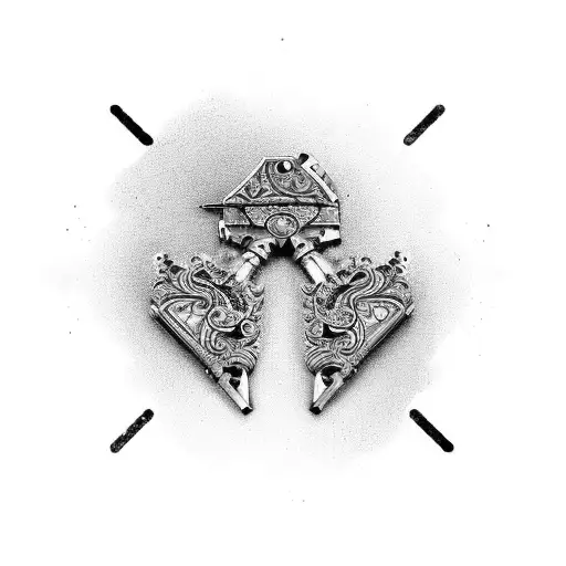 A pair of crossed pistols surrounded by ornate floral patterns tattoo design idea