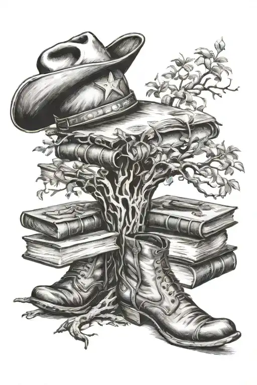 tree of knowledge, books, cowboyhat, cowboy boots  tattoo design idea