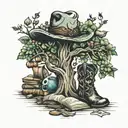 tree of knowledge, books, cowboyhat, cowboy boots  tattoo design idea
