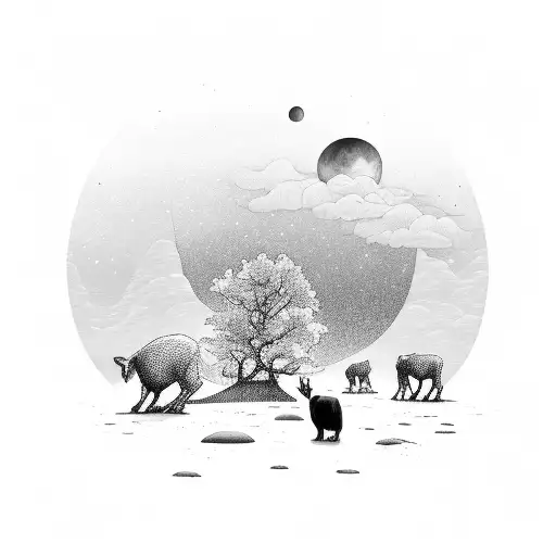 A serene landscape with a family of animals walking under a starry sky tattoo design idea