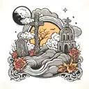 graveyard with clouds and the moon  tattoo design idea