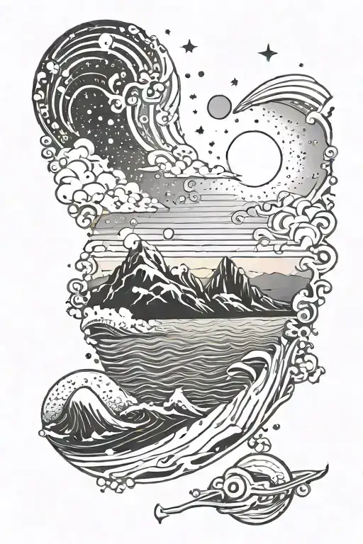 Sea (with surfer) Mountains Sunset Starry sky Space tattoo design idea