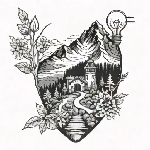 A detailed blackwork tattoo of a serene mountain landscape with a winding hiking trail leading to a light bulb flower garden at the summit tattoo design idea