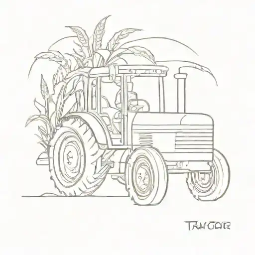 A sleek and modern interpretation of a tractor, with corn and soybean plants wrapping around it tattoo design idea