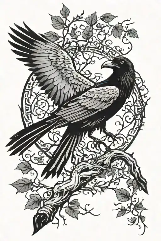 Raven with open wings, Tree of Life surrounded tattoo design idea