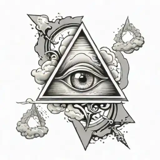 tattoo of an equilateral triangle that has an eye inside on a background of clouds in which an electric ray  tattoo design idea