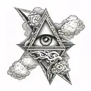 tattoo of an equilateral triangle that has an eye inside on a background of clouds in which an electric ray  tattoo design idea