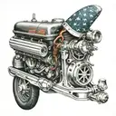 An intricate design of a vintage car engine with flames shooting out of the exhaust pipes and a patriotic star-spangled banner in the background tattoo design idea