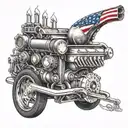 An intricate design of a vintage car engine with flames shooting out of the exhaust pipes and a patriotic star-spangled banner in the background tattoo design idea