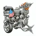 An intricate design of a vintage car engine with flames shooting out of the exhaust pipes and a patriotic star-spangled banner in the background tattoo design idea