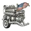 An intricate design of a vintage car engine with flames shooting out of the exhaust pipes and a patriotic star-spangled banner in the background tattoo design idea