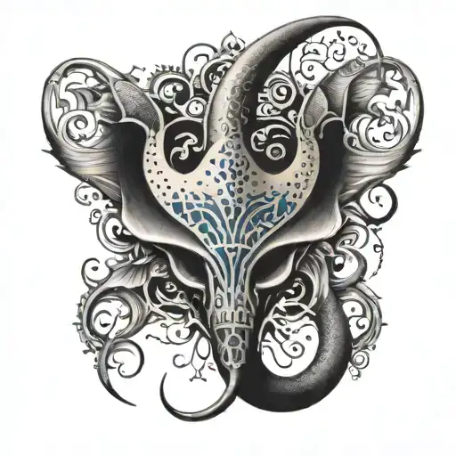 Upper thigh tattoo, like a stingray tail base, with elements of the dallas wrap around thigh with German tie in tattoo design idea