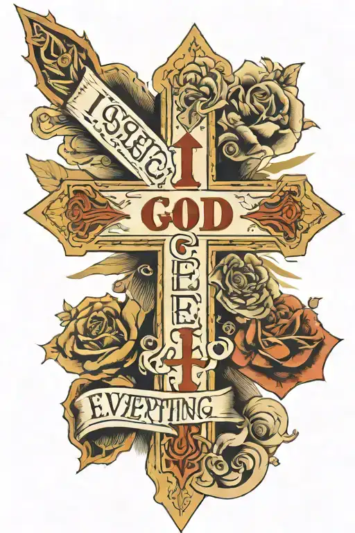 A cross with the saying "I see God in everything" in the middle of the cross with the names Bree, Derek, Tori, Jessa, Ca tattoo design idea
