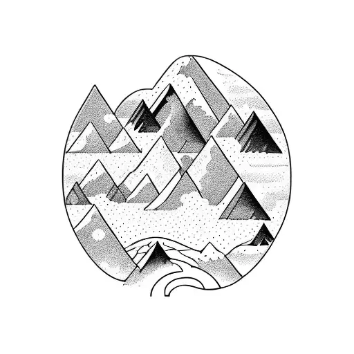 A majestic mountain range with a winding hiking trail leading towards it tattoo design idea