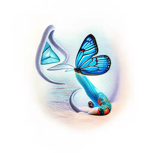 beautiful blue butterfly emerging from the skin lefted by a snake tattoo design idea